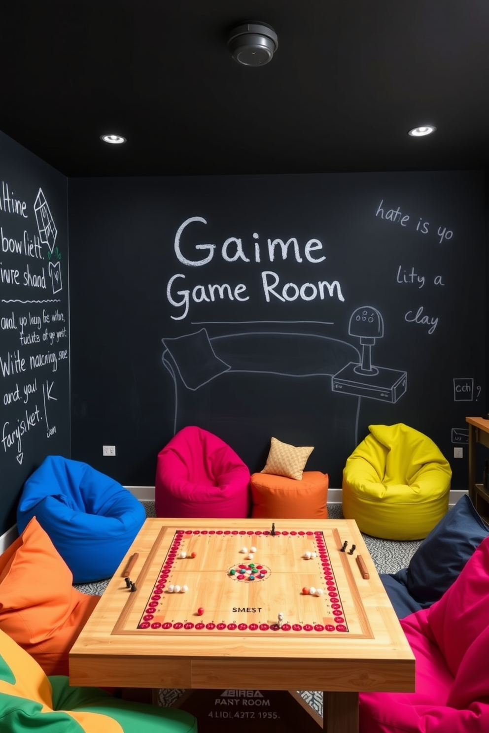 A vibrant game room featuring a chalkboard wall that invites creativity and fun. The space is filled with colorful bean bags and a large wooden table for board games, creating an inviting atmosphere for family and friends.