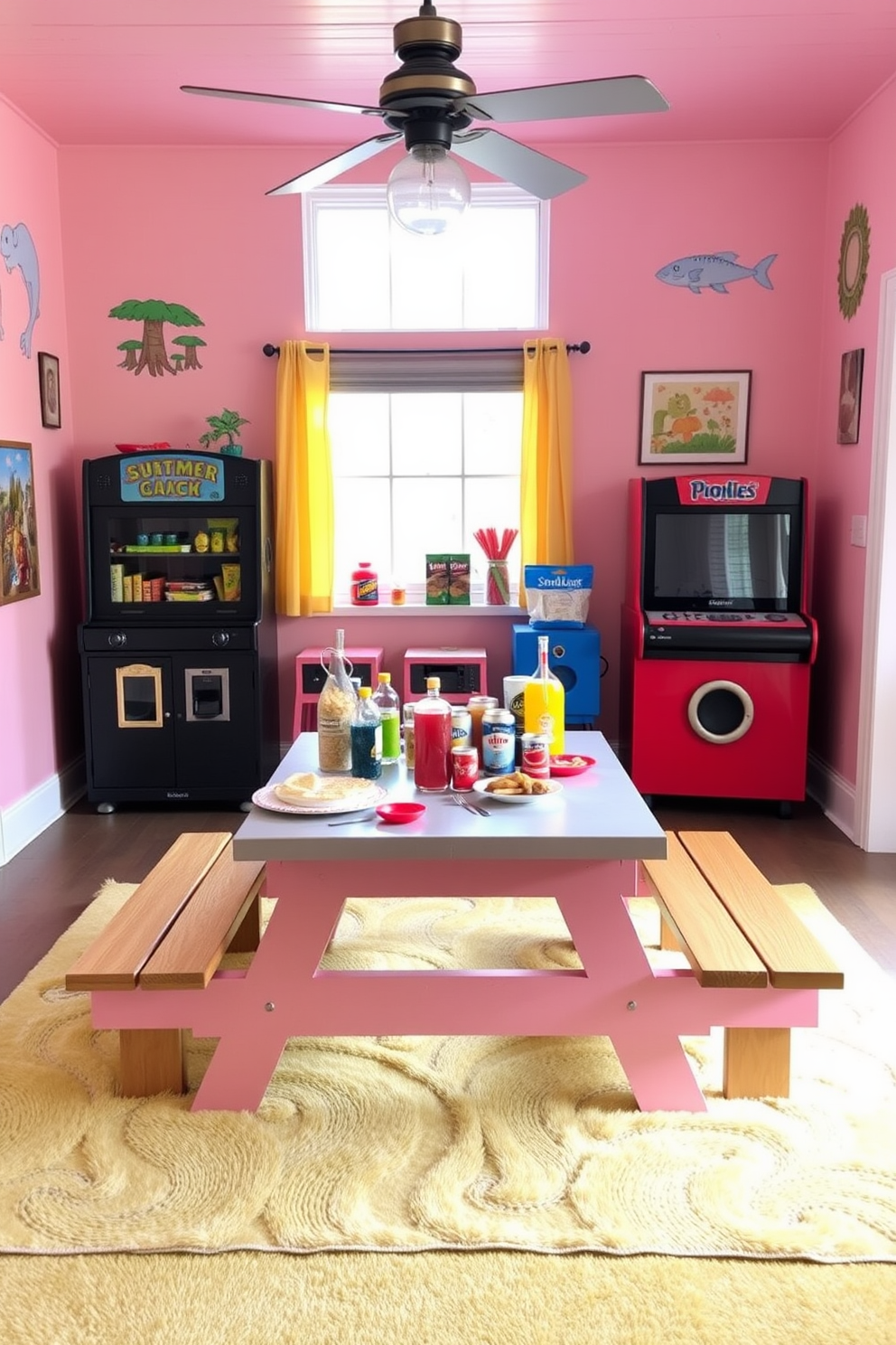 A vibrant summer game room featuring a picnic-style table set with an array of colorful snacks and beverages. The walls are adorned with playful artwork, and the floor is covered in a soft, bright area rug to create a cozy atmosphere.