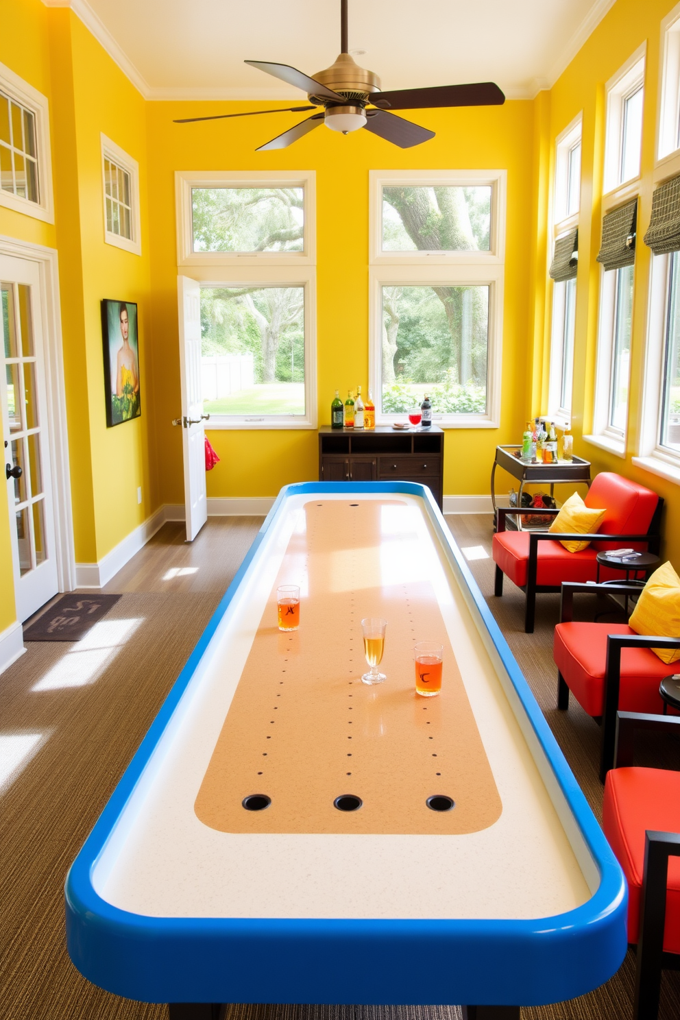 A vibrant summer game room featuring a shuffleboard table as the centerpiece. The walls are painted in a bright, cheerful yellow, and large windows let in plenty of natural light. Surrounding the shuffleboard table are comfortable lounge chairs in bold colors, perfect for relaxing between games. A stylish bar cart stocked with refreshing beverages stands in one corner, adding to the lively atmosphere.