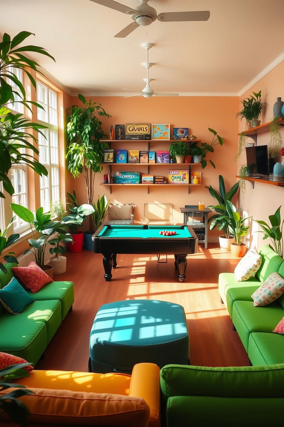 A vibrant summer game room filled with natural light. Lush indoor plants are strategically placed in the corners, adding a refreshing touch to the playful atmosphere. The room features a large pool table at the center, surrounded by comfortable seating in bright colors. Wall-mounted shelves display board games and decorative items, enhancing the fun and inviting environment.