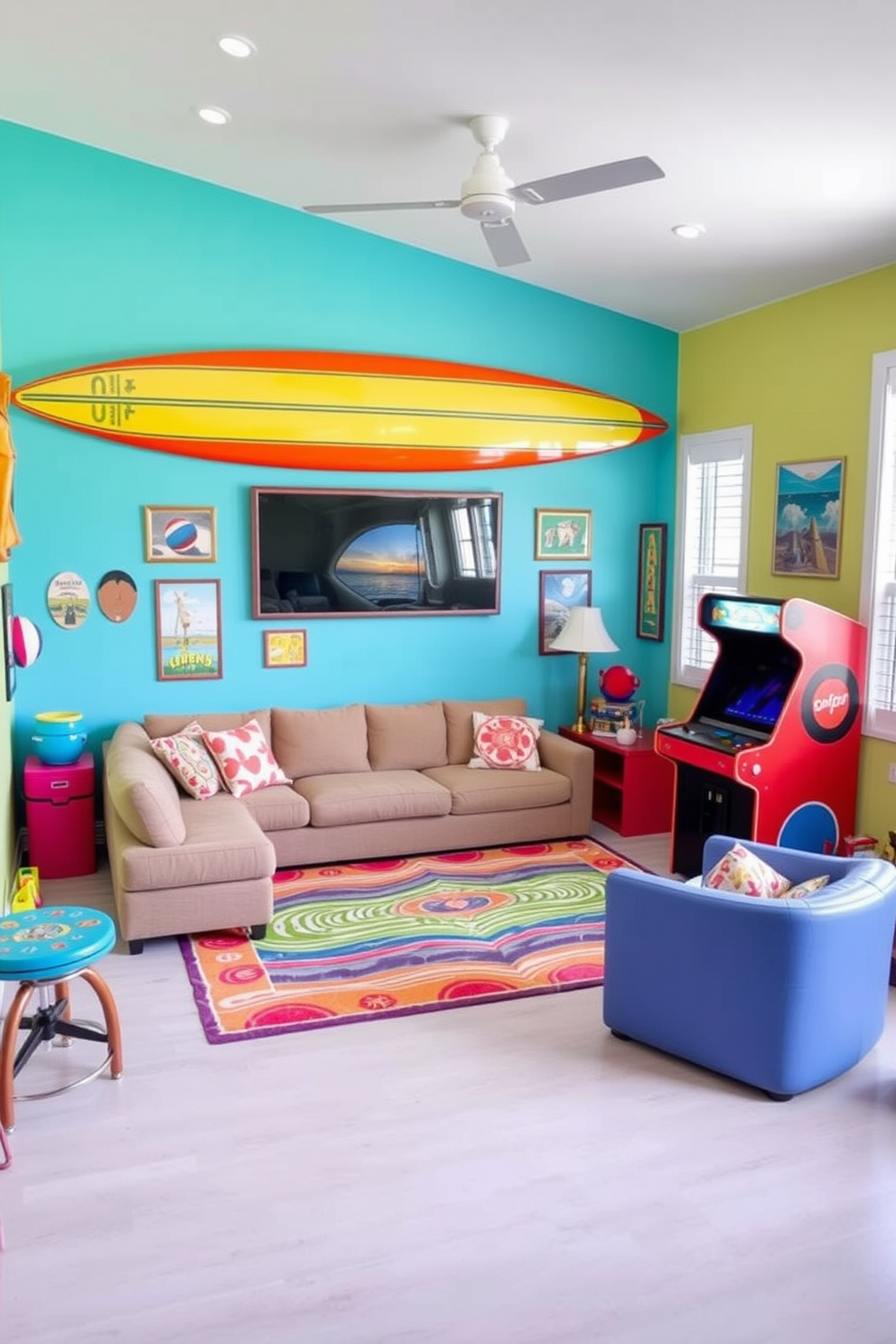 A vibrant game room featuring a surfboard mounted on the wall as a focal point. The space is filled with bright colors, with a cozy seating area that includes a large sectional sofa and a colorful rug. The walls are adorned with beach-themed artwork and playful accents. A vintage arcade machine sits in the corner, adding a nostalgic touch to the summer vibe.