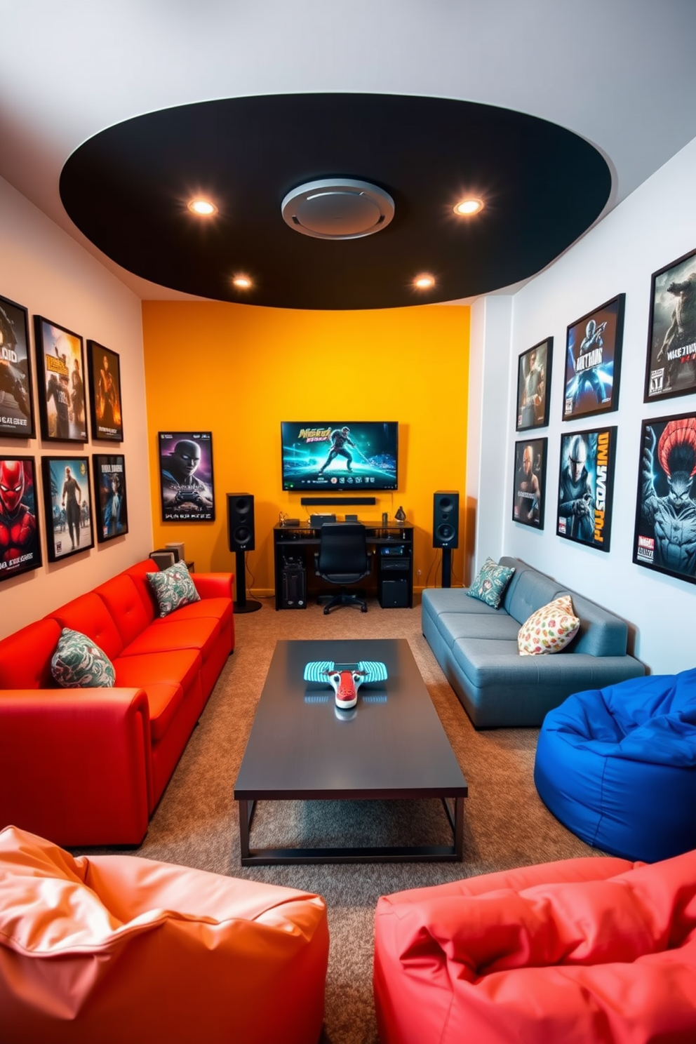 A vibrant gaming room designed for relaxation and entertainment. The space features a comfortable sectional sofa in a bold color, paired with a large wall-mounted TV and a gaming console setup. The walls are adorned with framed posters of popular video games, creating an immersive atmosphere. A sleek coffee table sits in the center, surrounded by bean bag chairs for additional seating and comfort.