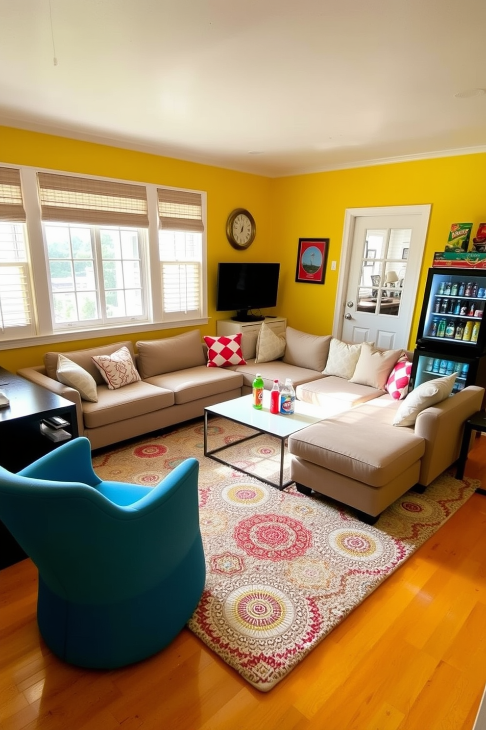 A vibrant summer game room filled with natural light. The walls are painted in a cheerful yellow hue, and the floor is adorned with a plush area rug featuring playful patterns. In one corner, a cozy sectional sofa is arranged around a sleek coffee table, perfect for snacks and drinks. A mini fridge for drinks sits nearby, stocked with refreshments to keep the fun going.