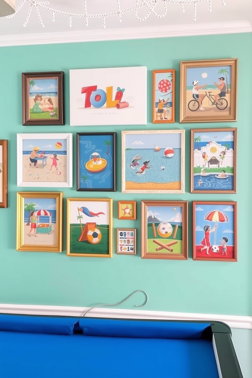 A vibrant and playful gallery wall featuring a collection of framed artwork inspired by summer activities. The wall showcases colorful prints of beach scenes, pool parties, and outdoor games, arranged in a casual yet cohesive layout. Incorporate a mix of textures and materials, including wooden frames and canvas prints, to add depth and interest. The overall color palette should reflect bright and cheerful summer hues, creating an inviting atmosphere for your game room.