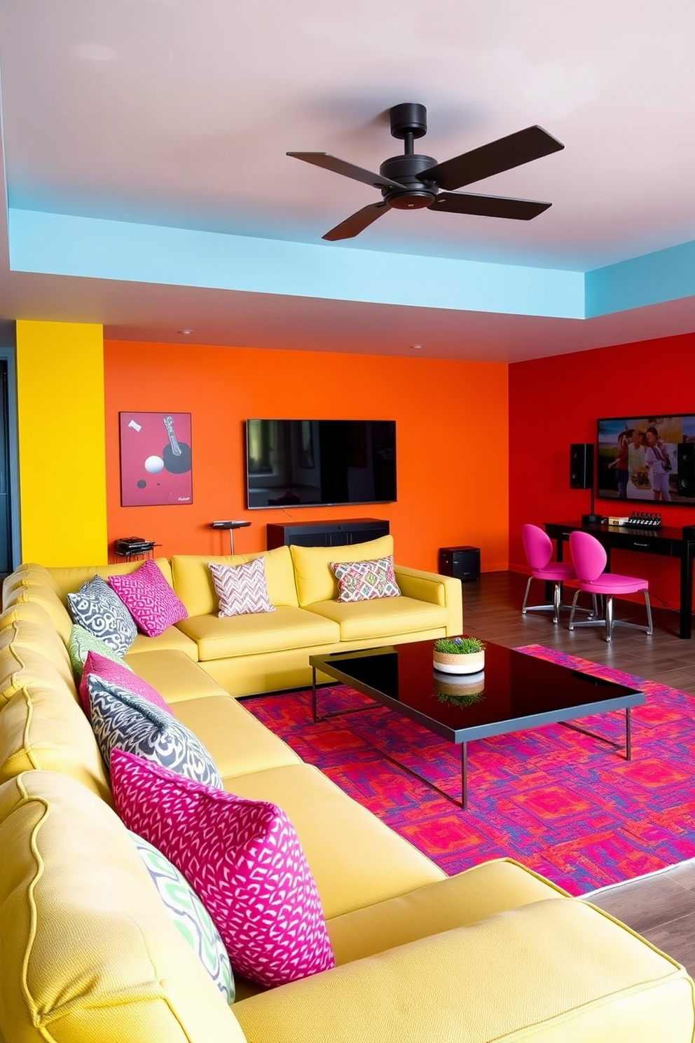 A vibrant game room designed for summer gatherings. The space features a large sectional sofa in bright colors, paired with a sleek coffee table and a wall-mounted sound system for music enjoyment.