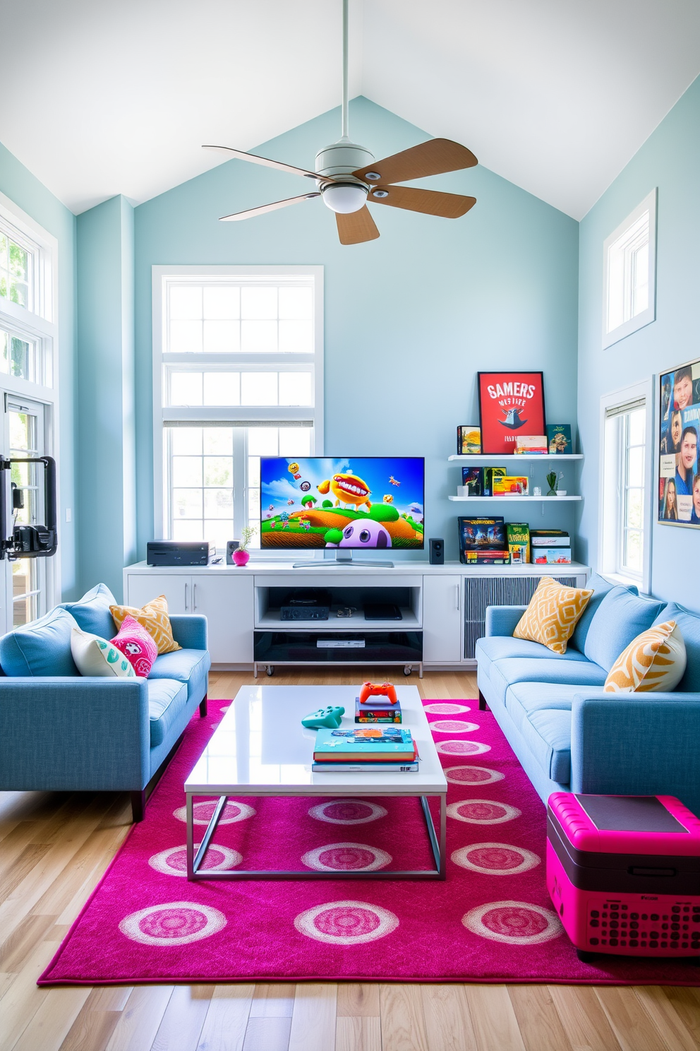 A vibrant summer game room featuring a cozy sectional sofa in a light blue fabric, positioned around a sleek coffee table. A large flat-screen TV is mounted on the wall, with a gaming console and colorful controllers neatly arranged on a modern media console below. The walls are adorned with playful artwork and shelves displaying board games and collectibles. A bright rug in cheerful colors anchors the space, while large windows allow natural light to flood in, creating an inviting atmosphere for gaming and relaxation.