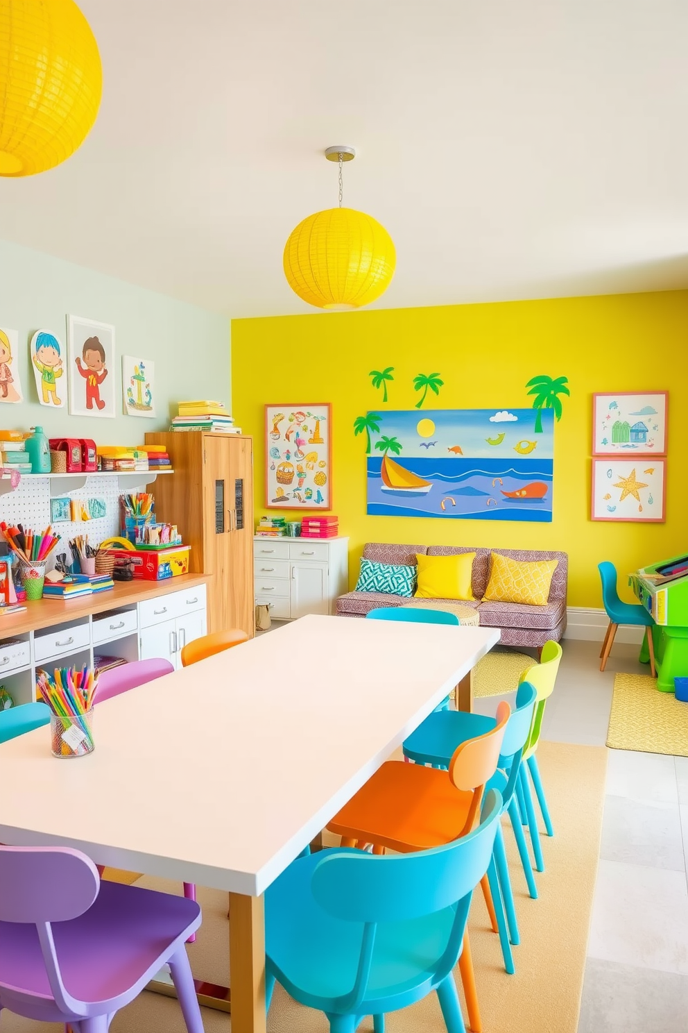 A bright and inviting DIY craft station filled with colorful supplies. The table is covered with a large white surface, surrounded by comfortable chairs in cheerful colors. A summer game room decorated with vibrant beach-themed accents. The walls are adorned with playful artwork, and a cozy seating area features cushions in sunny yellow and ocean blue.