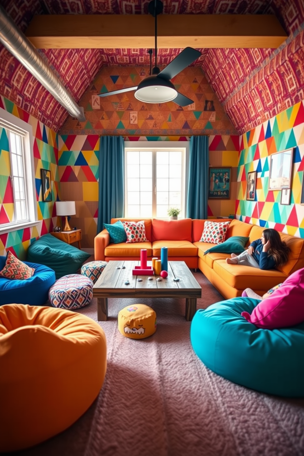 A vibrant game room filled with energy and fun. The walls are adorned with playful wallpaper featuring colorful geometric patterns, creating a lively atmosphere. A cozy seating area includes a plush sectional sofa in bright hues, surrounded by bean bags and whimsical poufs. A stylish coffee table made of reclaimed wood sits in the center, inviting laughter and games among friends.