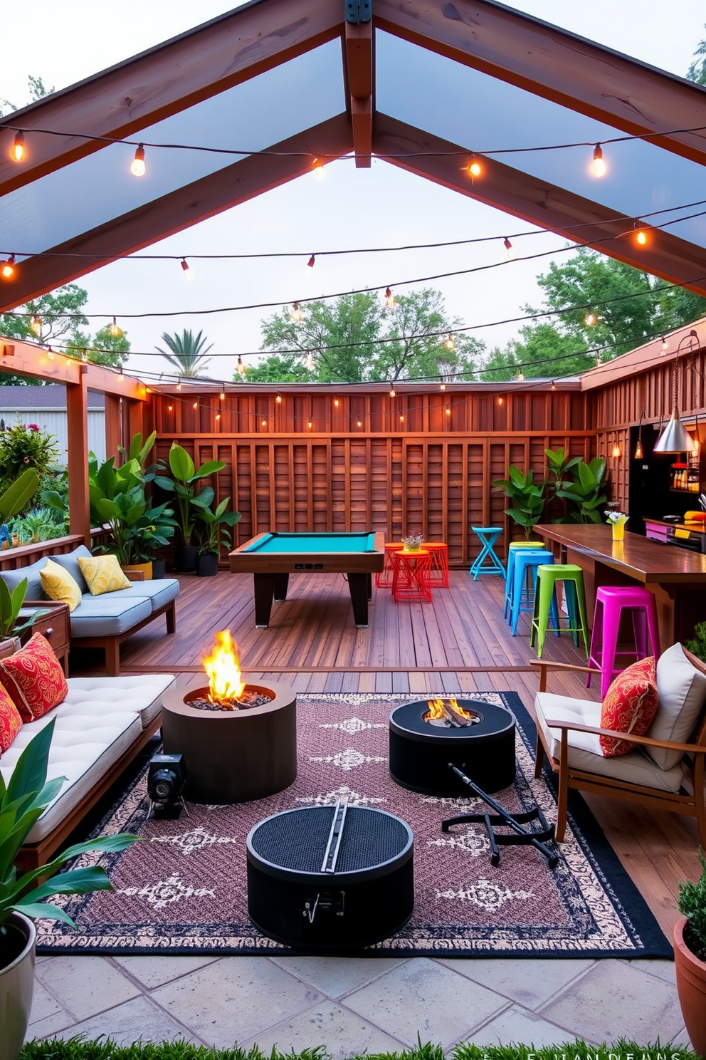 A vibrant outdoor game room designed for summer enjoyment. The space features a large wooden deck with comfortable seating, a pool table, and a bar area with colorful stools. Surrounding the area are lush green plants and string lights that create a festive atmosphere. A large outdoor rug anchors the seating area, while a portable fire pit adds warmth for evening gatherings.