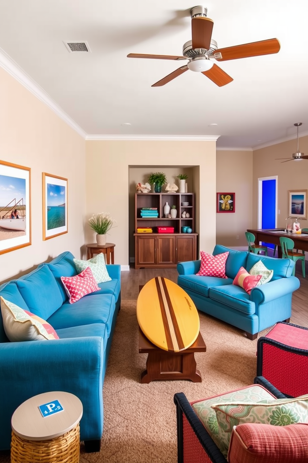 A vibrant game room infused with beach-themed decor elements. The walls are painted in a soft sand color, adorned with framed beach prints and seashell accents. A large sectional sofa in ocean blue invites relaxation, while a surfboard serves as a unique coffee table centerpiece. Bright throw pillows in coral and aqua add pops of color, completing the coastal atmosphere.