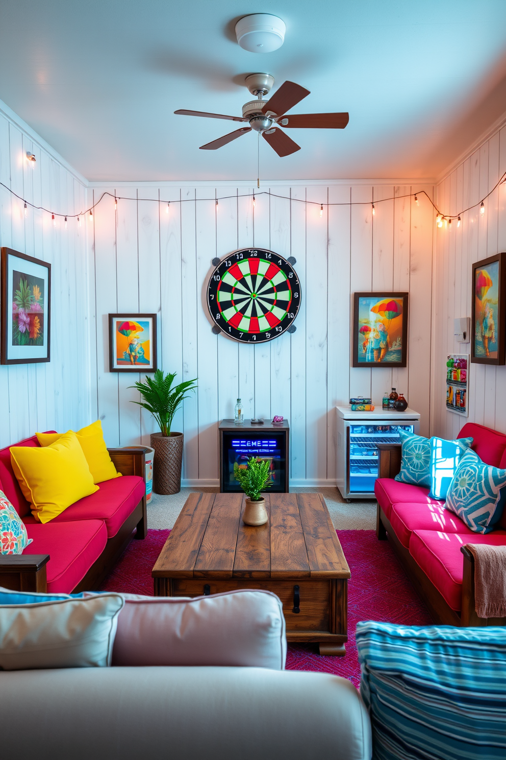 A vibrant summer game room designed for relaxation and entertainment. The space features a colorful dartboard mounted on a light wooden wall, surrounded by framed artwork and string lights for a festive atmosphere. Comfortable seating options include a large sectional sofa adorned with bright throw pillows and a rustic coffee table at the center. A mini fridge stocked with refreshments is conveniently placed nearby, ensuring easy access during game nights.