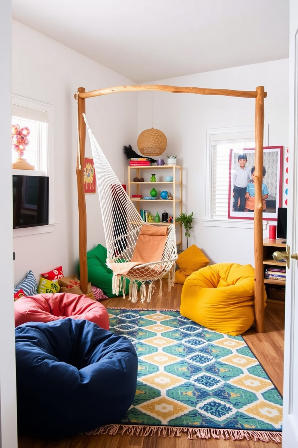 A vibrant summer game room featuring a suspended hammock strung between two sturdy wooden posts. The room is filled with playful decor, including colorful bean bags and a large, inviting rug that adds warmth to the space.