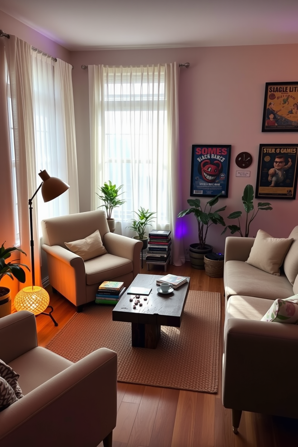 A cozy reading nook bathed in natural sunlight. There's a plush armchair upholstered in soft fabric, positioned next to a large window with sheer curtains that gently filter the light. A small side table holds a stack of colorful books and a steaming cup of tea. The walls are painted in a warm pastel hue, and a woven rug adds texture to the hardwood floor. A vibrant floor lamp stands next to the chair, providing additional light for evening reading. Potted plants in the corner bring a touch of nature into the space, enhancing the inviting atmosphere. For the game room, envision a lively space filled with comfortable seating and a large sectional sofa. A coffee table made from reclaimed wood sits at the center, surrounded by fun board games and snacks. The walls are adorned with framed posters of classic games, adding character to the room. A dedicated area features a pool table, while colorful LED lights create an energetic ambiance for gatherings.