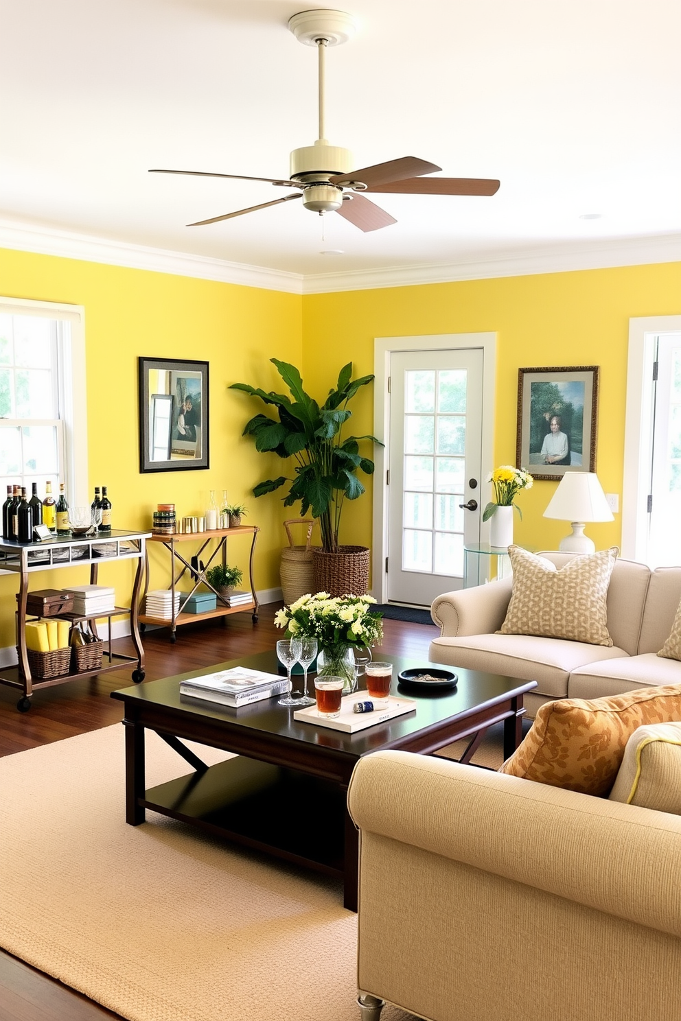 A vibrant summer game room filled with natural light. The walls are painted in a cheerful yellow hue, and the floor is covered with a soft, light-colored rug. In one corner, a stylish bar cart is set up with an array of refreshments and glasses. Cozy seating arrangements are placed around a large coffee table, perfect for game nights with friends.