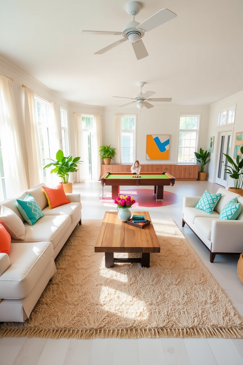 A bright and cheerful game room filled with natural light. The space features a large sectional sofa upholstered in soft, light-colored fabric, adorned with vibrant throw pillows. In the center of the room, a sleek coffee table made of reclaimed wood sits atop a plush area rug. The walls are painted in a soft pastel hue, and large windows are dressed with sheer curtains that flutter gently in the breeze. A colorful pool table occupies one corner, surrounded by comfortable seating for friends and family. Decorative accents like playful artwork and potted plants add a touch of whimsy and life to the summer-inspired atmosphere.