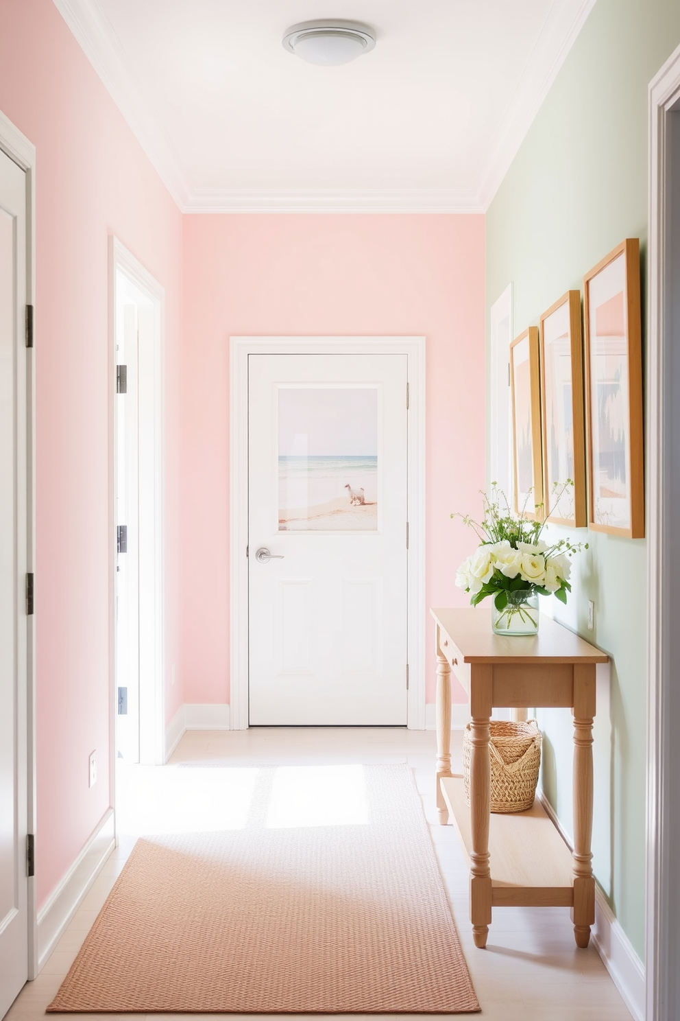 A bright and airy hallway decorated in light pastel colors. Soft pink and mint green walls create a cheerful atmosphere, complemented by a light wood console table adorned with fresh flowers. The floor features a light beige rug that adds warmth and texture. Framed artwork in pastel hues hangs on the walls, enhancing the summer vibe and inviting natural light to flow through the space.