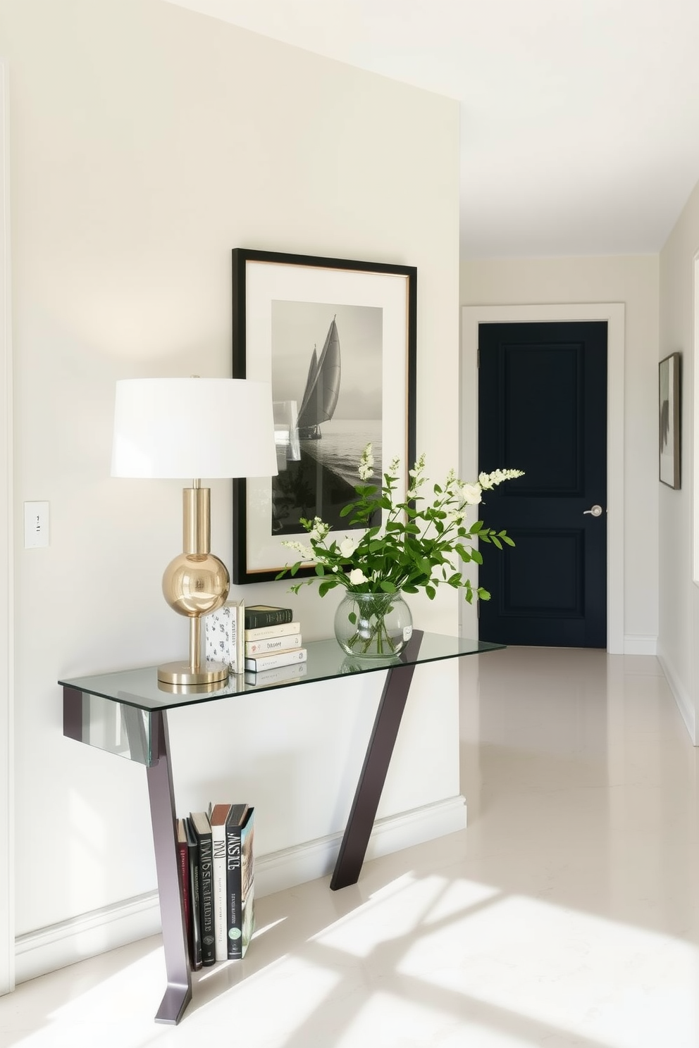 A bright and inviting hallway features a sleek console table adorned with a stylish lamp and a collection of decorative books. Fresh greenery in a modern vase adds a touch of life, while framed artwork hangs above the table to create a welcoming atmosphere.