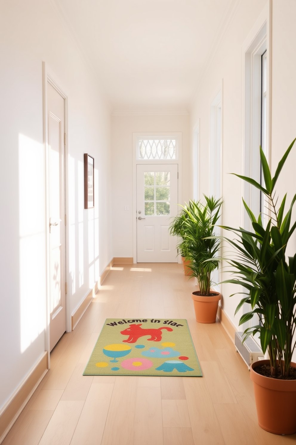 A bright and airy hallway filled with natural light. The walls are painted in soft pastel hues, and the floor is adorned with light wood planks. At the entrance, a cheerful welcome mat featuring vibrant colors and a playful design invites guests inside. Flanking the hallway are potted plants that add a touch of greenery and warmth to the space.