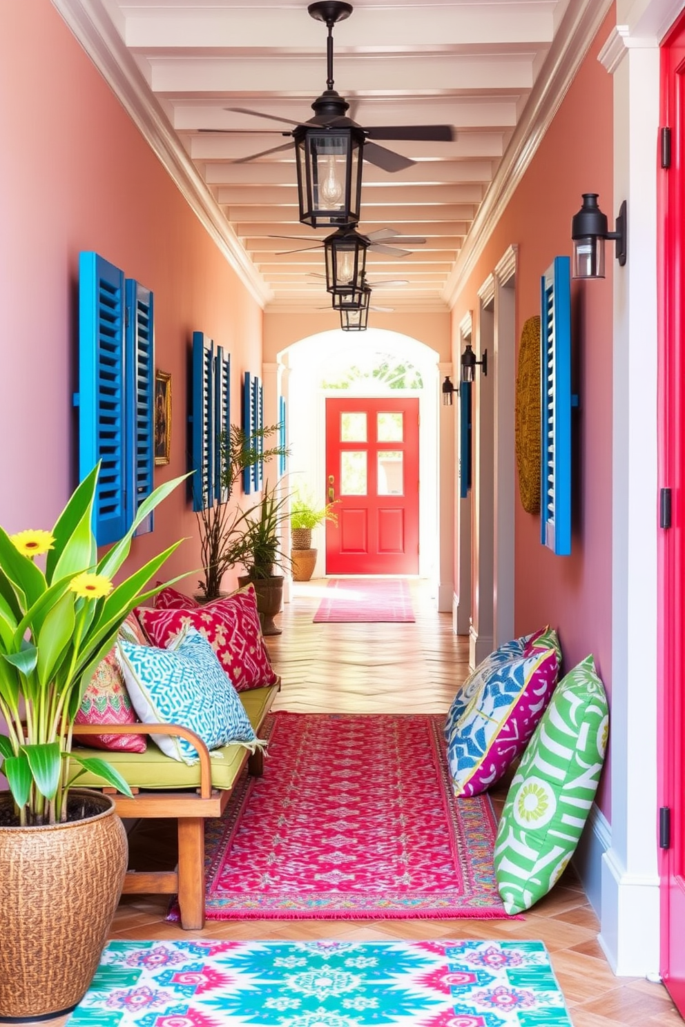 Create a vibrant hallway decorated for summer. Incorporate colorful throw pillows on the seating to add a playful touch and invite relaxation.