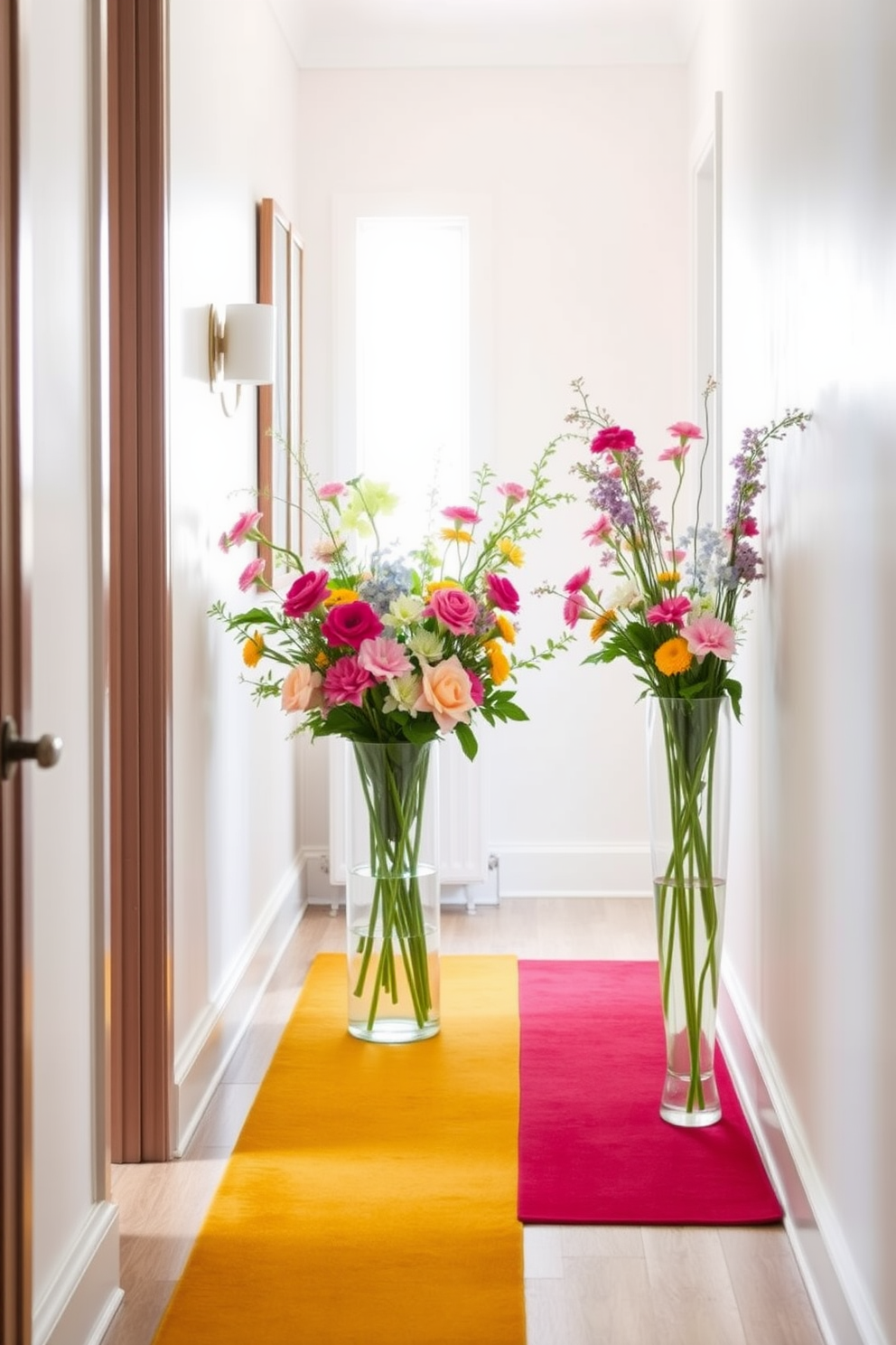 A bright and airy hallway adorned with fresh flowers in elegant vases. The walls are painted in a soft pastel hue, complementing the natural light streaming in from a nearby window. Stylish runners in vibrant colors lead the way, adding warmth and texture to the space. Each vase features a different arrangement of seasonal blooms, creating a lively and inviting atmosphere.