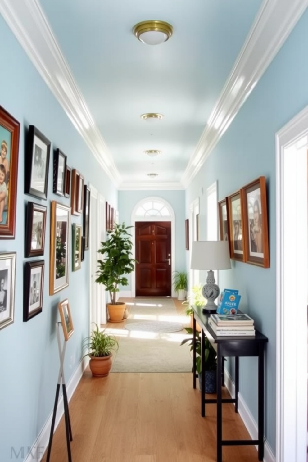 A bright and airy hallway with soft blue painted ceilings that evoke a sense of tranquility. The walls are adorned with a mix of framed artwork and family photos, creating a personal touch that invites warmth. A narrow console table sits against one wall, topped with a stylish lamp and a few decorative books. Potted plants are placed strategically along the hallway to bring in a touch of nature and vitality.