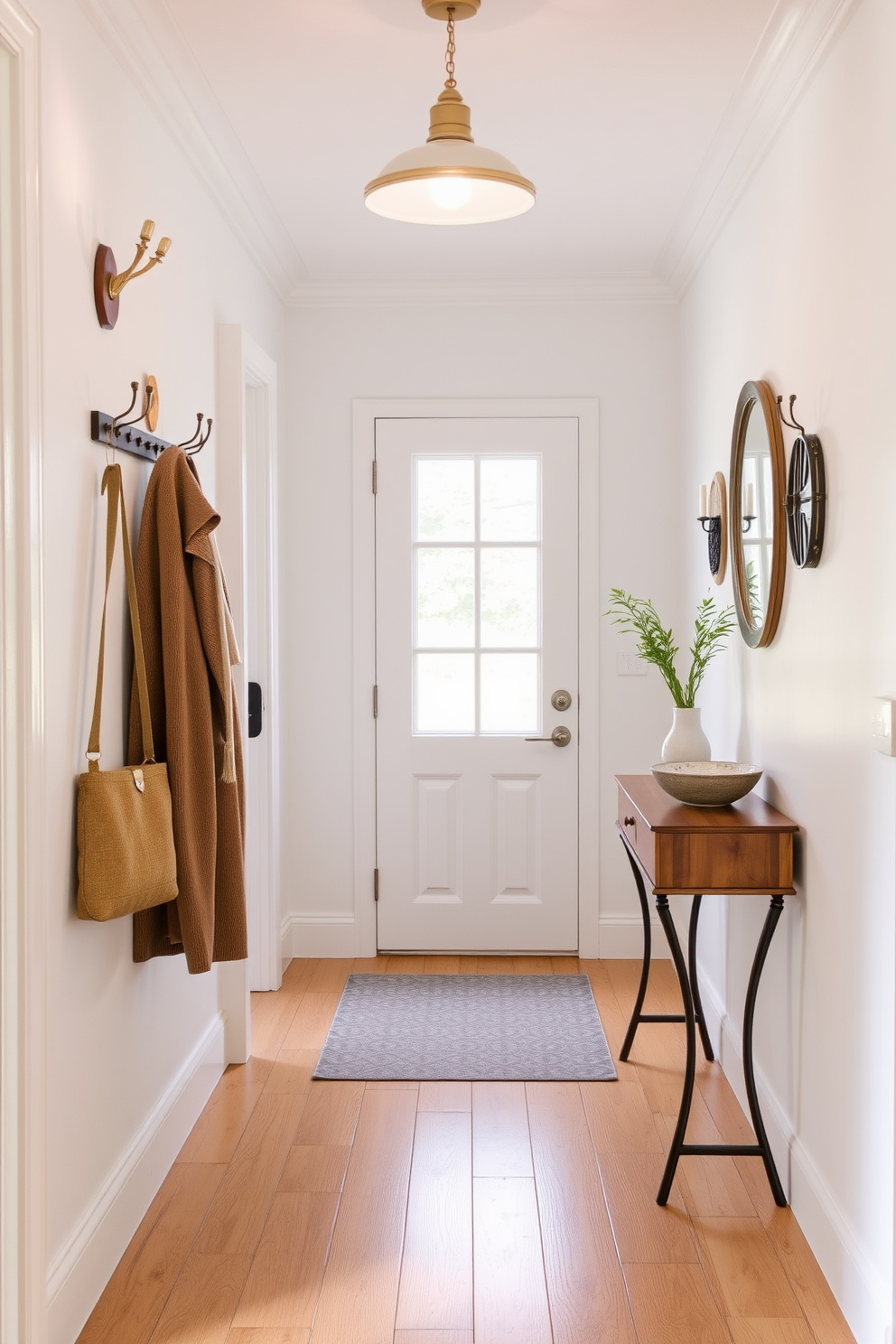 A bright and airy hallway adorned with light pastel walls and a warm wooden floor. Decorative hooks for coats are mounted on the wall, featuring a mix of vintage and modern designs that add character and functionality. A stylish console table sits against one side, topped with a small plant and a decorative bowl. Soft lighting from a pendant fixture creates an inviting atmosphere, perfect for welcoming guests.