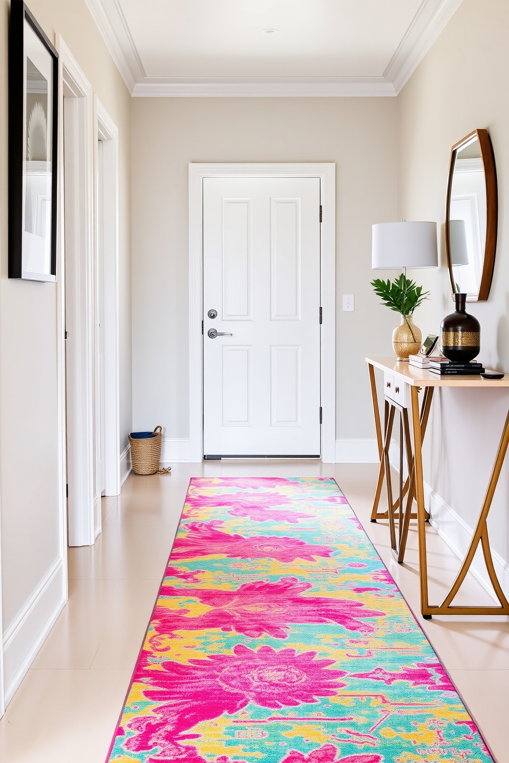 A bright and inviting hallway features a vibrant runner rug that adds a pop of color and texture to the space. The walls are adorned with framed artwork, and a stylish console table is placed against one side, topped with decorative items and a small plant.