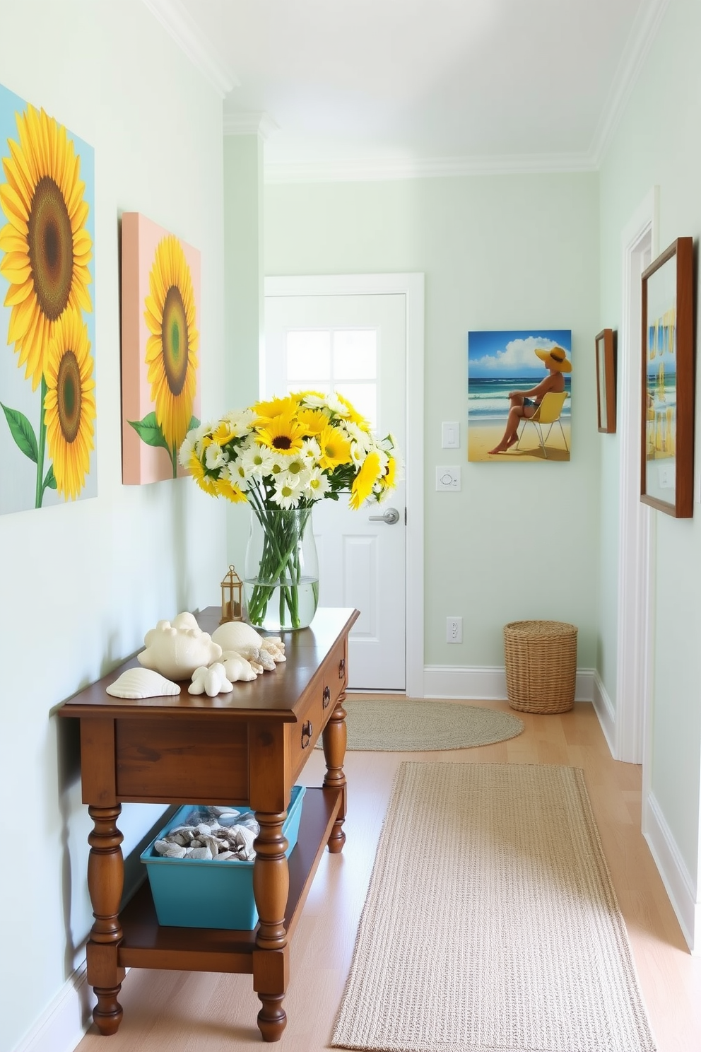 A bright and airy hallway adorned with vibrant summer decor. The walls are painted in a soft pastel hue, and a woven jute runner adds warmth underfoot. Colorful artwork featuring sunflowers and beach scenes hangs on the walls, creating a cheerful atmosphere. A wooden console table displays a collection of seashells and a large glass vase filled with fresh daisies.