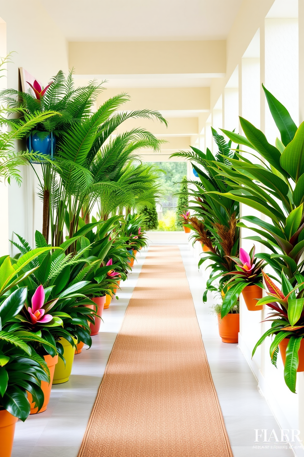 A bright and airy hallway adorned with tropical plant arrangements in vibrant pots. Lush green ferns and colorful bromeliads line the sides, creating a refreshing atmosphere that invites guests into the space. The walls are painted in a soft cream color, complementing the natural hues of the plants. A woven runner rug adds texture and warmth, leading the way down the hallway.