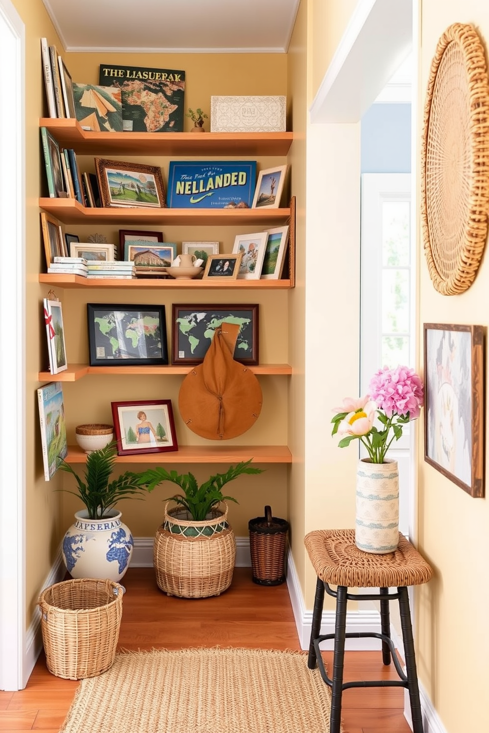 Display travel souvenirs on shelves. Create an inviting summer hallway with bright colors and natural textures.