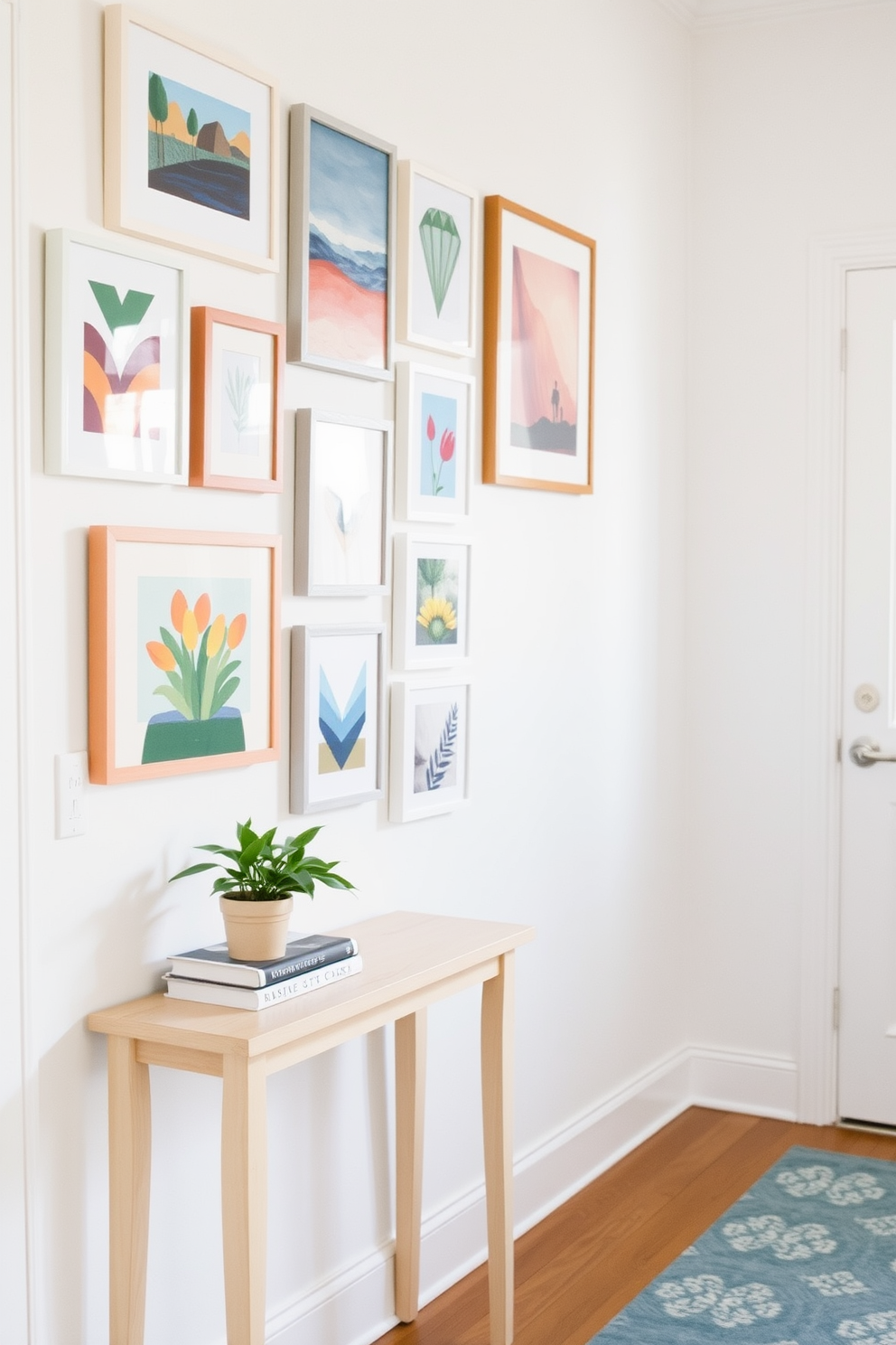 Create a mini gallery of art prints in a bright and airy hallway. The walls are painted in a soft white, and each frame features a mix of abstract and nature-inspired artwork in vibrant colors. A narrow console table with a light wood finish sits against one wall, adorned with a small potted plant and a few decorative books. Soft natural light filters in through a nearby window, illuminating the space and enhancing the cheerful atmosphere.