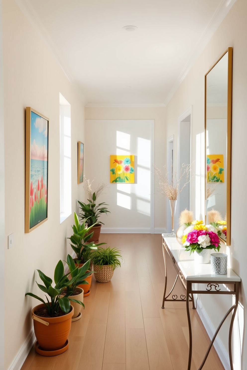 A bright and airy hallway filled with natural light. The walls are painted in a soft pastel hue, and large mirrors are strategically placed to enhance the illumination and create an illusion of space. Decorate the hallway with vibrant summer-themed artwork and a series of potted plants. A stylish console table is positioned against one wall, adorned with seasonal decorations and a fresh bouquet of flowers.