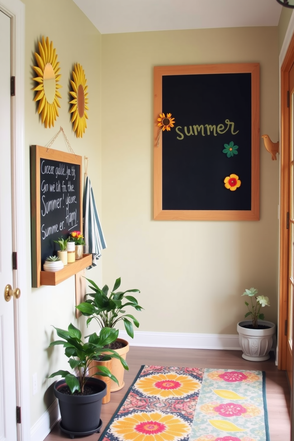 A bright and inviting hallway features a large chalkboard mounted on the wall, surrounded by cheerful summer-themed decor. The floor is adorned with a vibrant runner rug, and potted plants add a touch of greenery to the space.