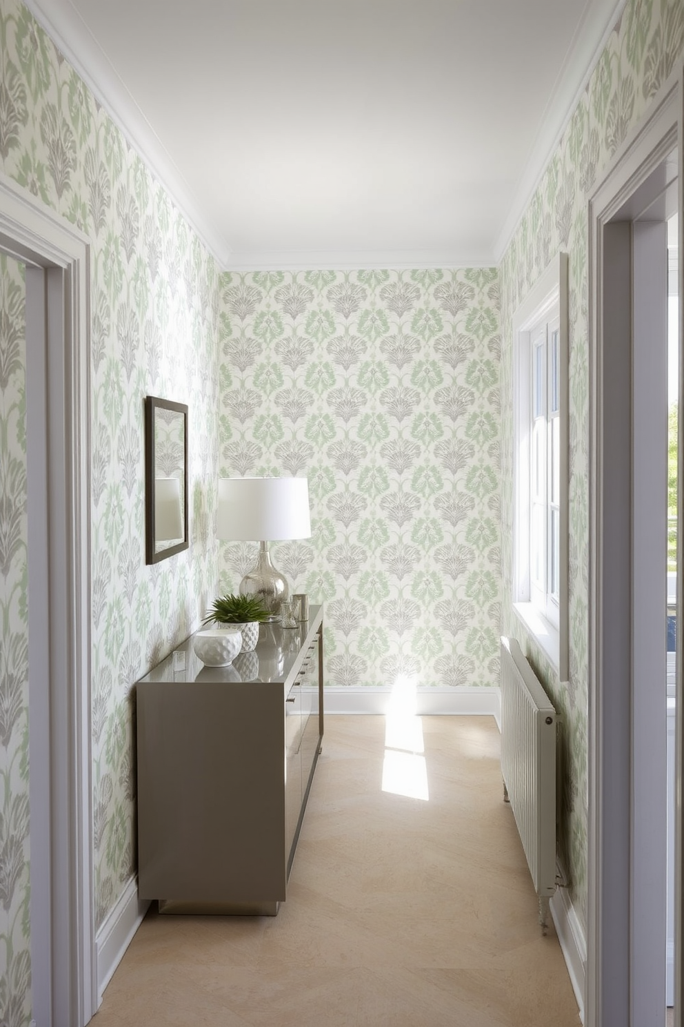 A bright and airy hallway features a stunning patterned wallpaper that serves as a vibrant focal point. The wallpaper showcases a blend of soft pastels and intricate designs, creating a welcoming atmosphere. To complement the feature wall, a sleek console table is placed against it, adorned with decorative items and a stylish lamp. The hallway is illuminated by natural light streaming in from a nearby window, enhancing the overall charm.