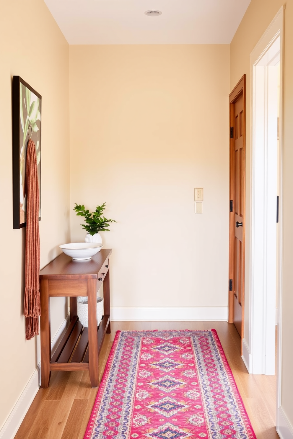 A bright and inviting hallway features a small wooden table for keys positioned against the wall. The table is adorned with a stylish bowl for organization and a small potted plant that adds a touch of greenery. The walls are painted in a warm cream color, creating a welcoming atmosphere. A colorful runner rug stretches along the floor, complementing the decor and adding a cozy feel to the space.