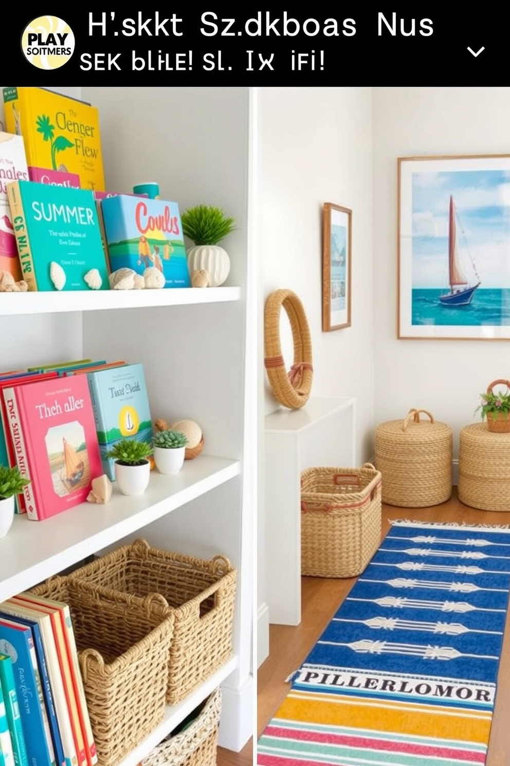 Display summer-themed books on shelves with vibrant covers and playful designs. Arrange them alongside decorative items like seashells and small potted plants for a fresh coastal vibe. For summer hallway decorating ideas, use light-colored walls paired with nautical-themed artwork. Incorporate woven baskets for storage and add a runner rug with bright colors to enhance the summery feel.