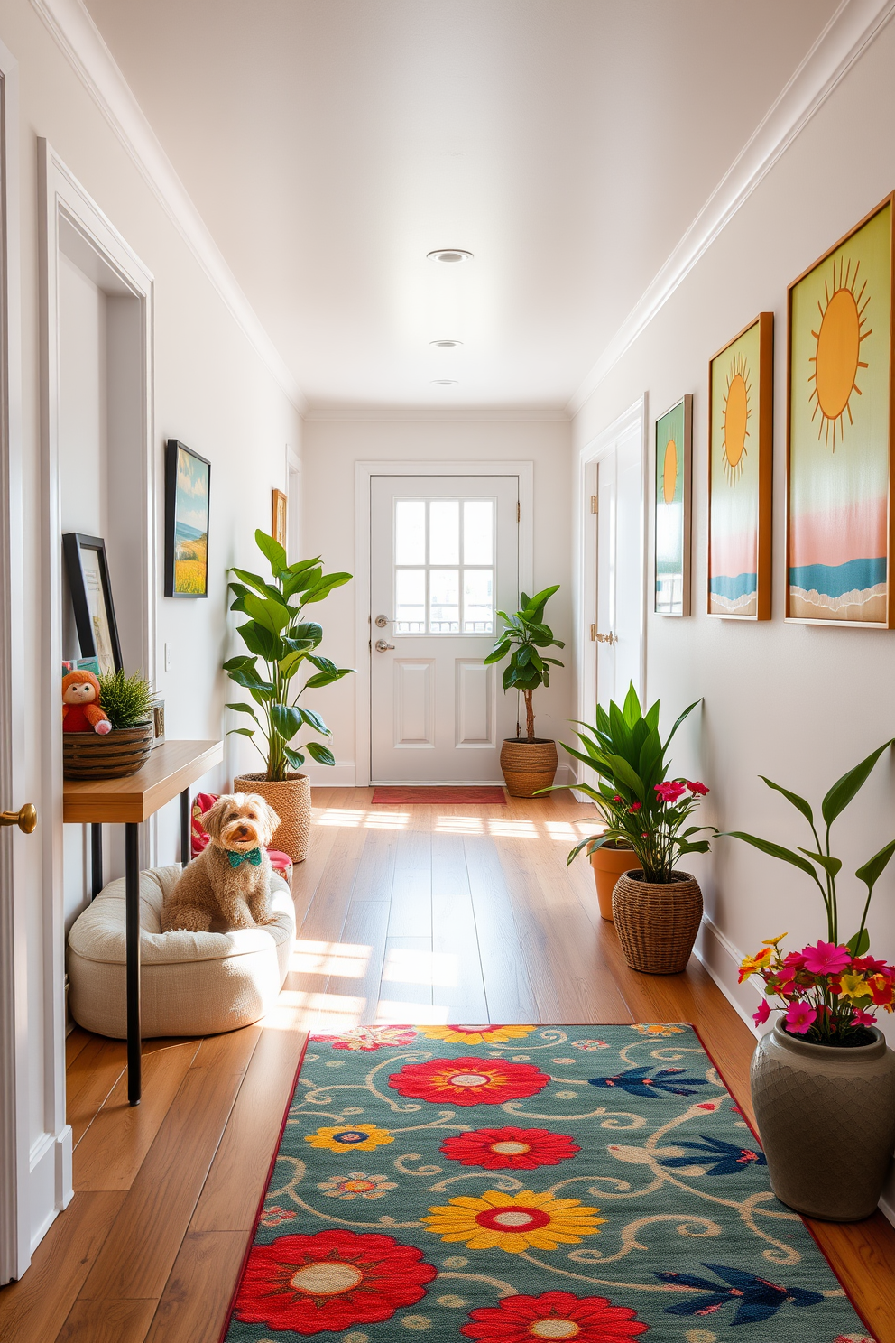 A bright and airy hallway adorned with light-colored walls and wooden flooring. To the side, a cozy pet-friendly nook features a plush dog bed and a decorative shelf with pet toys and framed photos. Incorporate vibrant summer-themed decor such as a large, colorful rug and potted plants that thrive in warm weather. Wall art showcasing sunny landscapes and cheerful colors enhances the inviting atmosphere of the space.