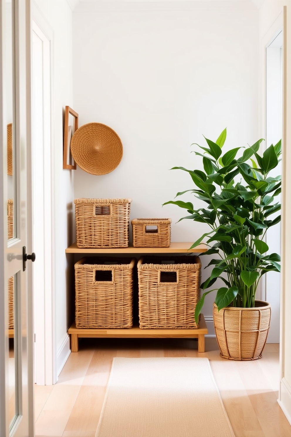 A bright and airy hallway adorned with woven baskets for storage. The walls are painted in a soft pastel hue, and the floor is covered with a light-colored runner that adds warmth to the space. Stylish woven baskets in various sizes are placed on a wooden shelf, providing both functionality and a decorative touch. Fresh greenery in a potted plant sits next to the baskets, enhancing the summer vibe of the hallway.