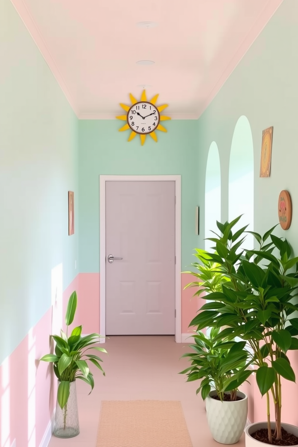 A bright and airy hallway adorned with whimsical decor. The walls are painted in a soft pastel hue, creating a cheerful atmosphere that invites exploration. A unique wall clock in the shape of a sun hangs prominently, adding a playful touch. Lush green plants in decorative pots line the hallway, bringing a sense of life and freshness to the space.