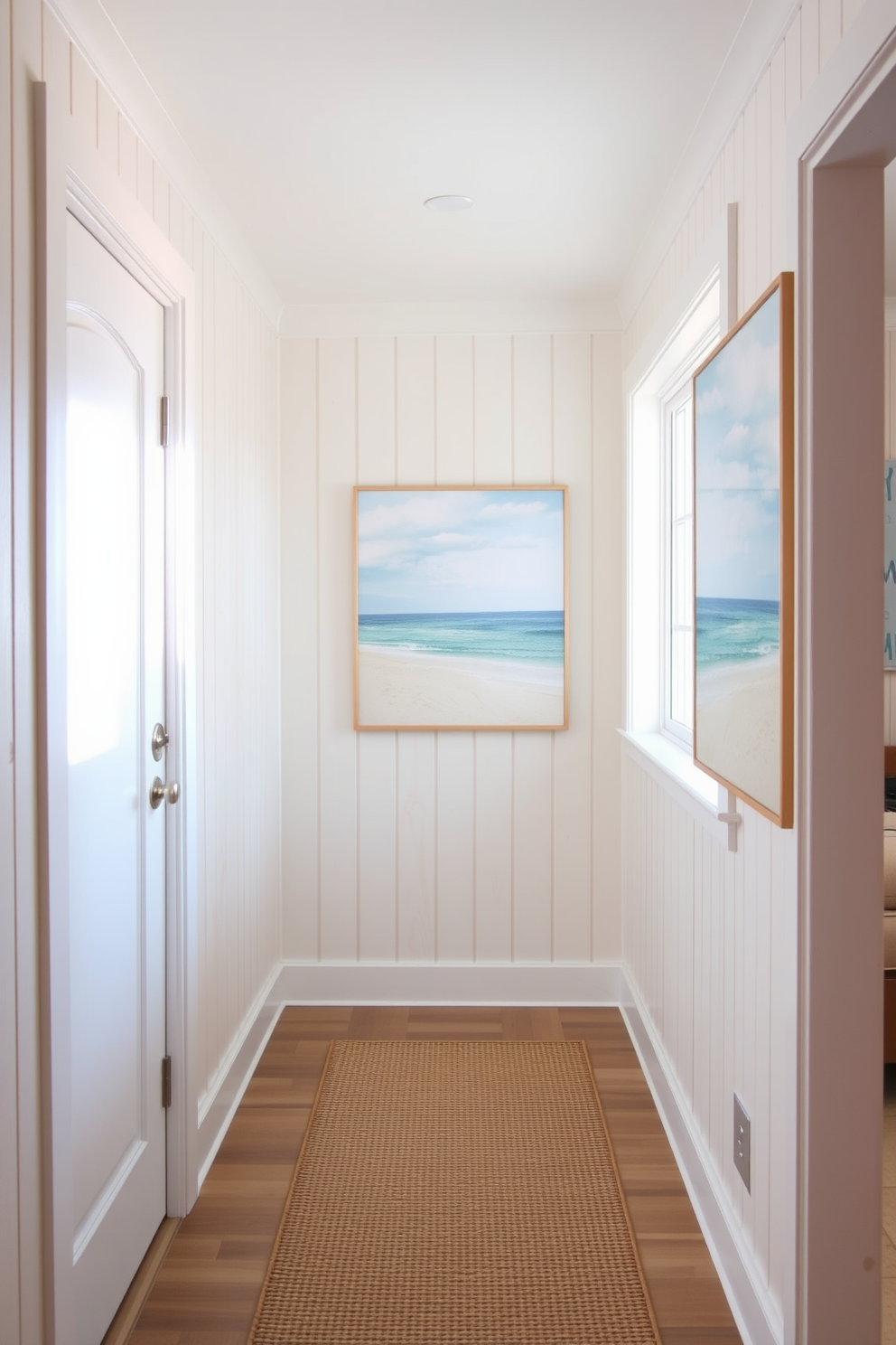 A bright and airy hallway features coastal-inspired wall art that captures the essence of the beach. The artwork includes soft blues and sandy tones, creating a serene atmosphere that welcomes guests. The hallway is adorned with light wood paneling and a woven runner that adds texture and warmth. Natural light floods in through a nearby window, enhancing the cheerful coastal theme throughout the space.