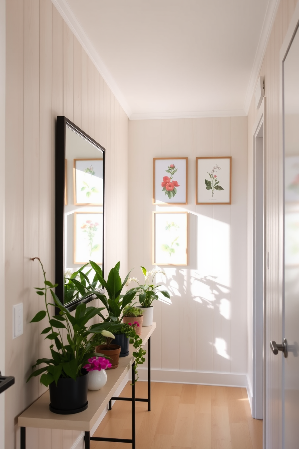 A bright and airy hallway adorned with light wood paneling and soft white walls creates an inviting atmosphere. A statement mirror with a sleek black frame is mounted on the wall, reflecting natural light and adding depth to the space. To the left, a narrow console table holds a collection of vibrant potted plants, bringing a touch of summer indoors. Above the table, a series of framed botanical prints in pastel colors enhance the seasonal theme and create visual interest.