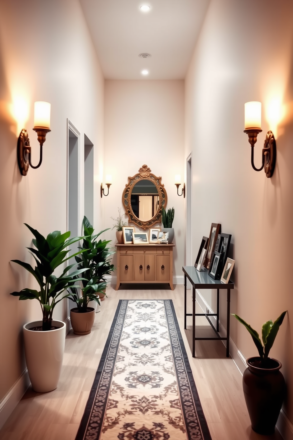 A bright and inviting hallway adorned with decorative wall sconces casting a warm glow. The walls are painted in a soft pastel hue, complemented by a stylish runner rug that adds a touch of elegance. Flanking the hallway are potted plants that bring a fresh and vibrant feel. A small console table at the end of the hallway showcases a collection of framed photographs and a decorative mirror above it.