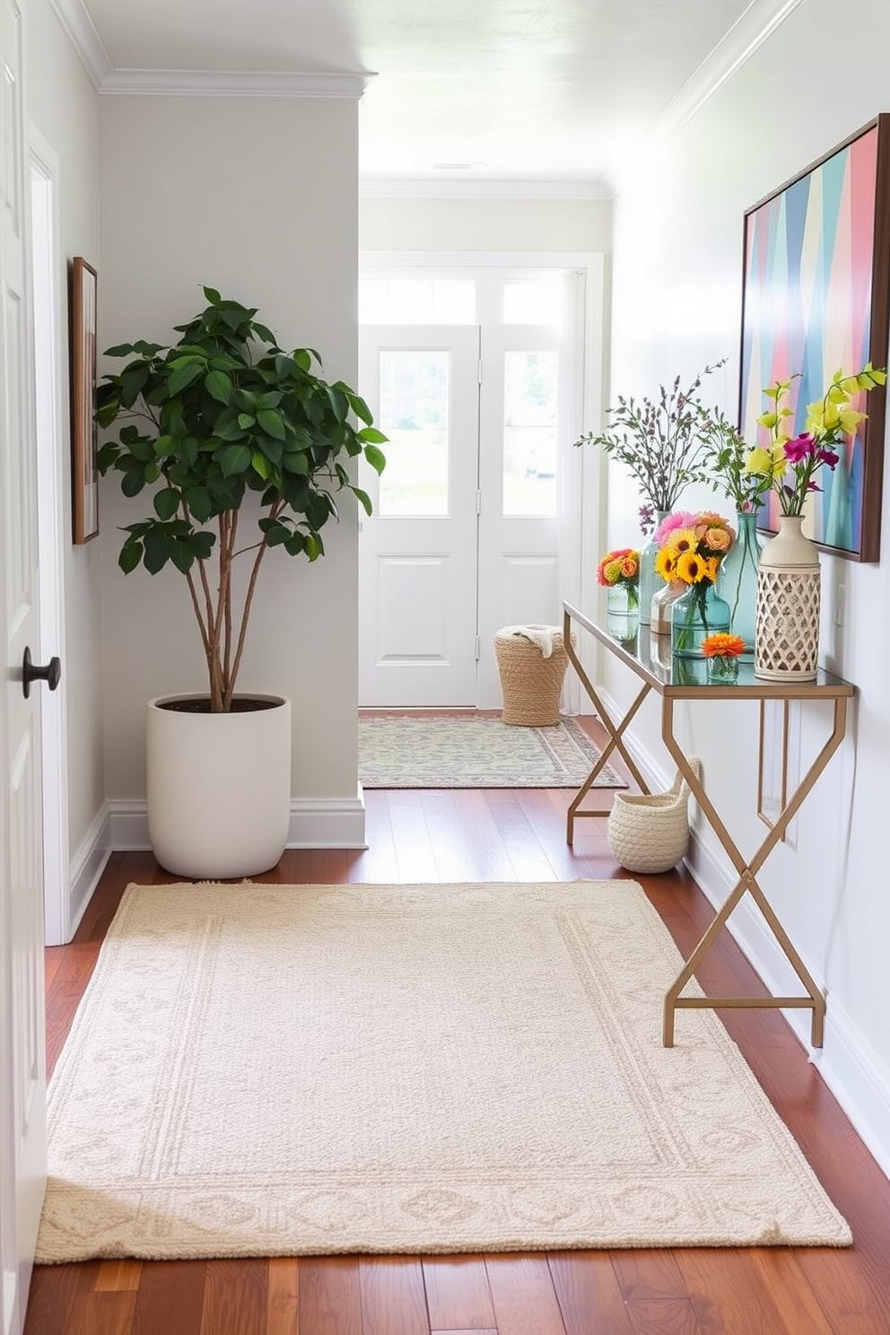 Layer rugs for texture and comfort. A soft, neutral area rug is placed over a larger, patterned rug, creating a cozy and inviting atmosphere. Summer hallway decorating ideas include vibrant wall art and fresh greenery. Add a console table adorned with colorful vases and seasonal decor to enhance the cheerful ambiance.