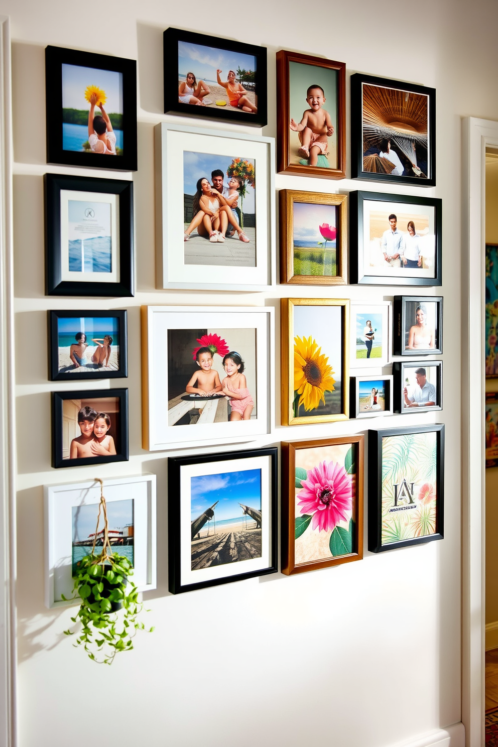 Create a gallery wall adorned with a collection of framed photographs showcasing vibrant summer memories. The arrangement features varying frame sizes and styles, creating an eclectic yet harmonious display that captures the essence of the season. Incorporate decorative elements such as hanging plants and colorful artwork to enhance the summer theme. Soft lighting illuminates the wall, creating a warm and inviting atmosphere in the hallway.