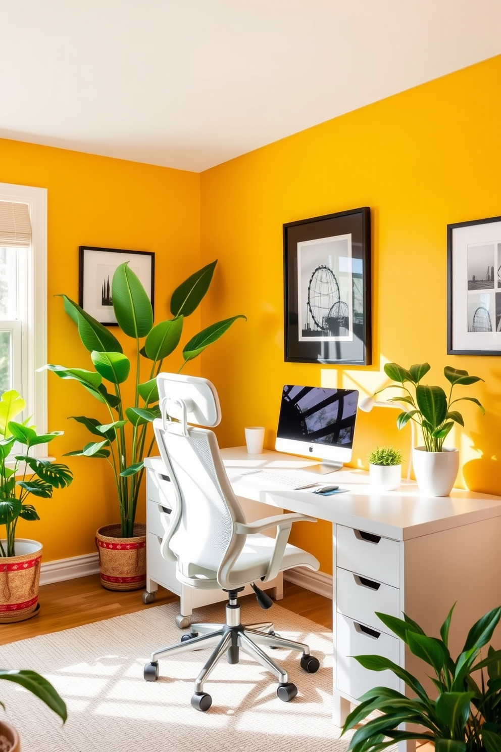 A bright and inviting summer home office with yellow accent walls that radiate warmth and positivity. The space features a sleek white desk paired with a comfortable ergonomic chair, surrounded by lush green plants that add a refreshing touch.