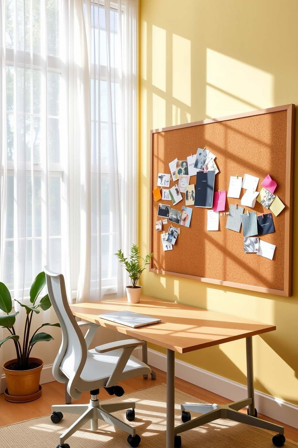 A bright and airy home office space designed for summer inspiration. The walls are painted in a soft pastel yellow, and natural light floods in through large windows adorned with sheer white curtains. A large cork board is mounted on one wall, filled with colorful notes, photos, and fabric swatches for creative ideas. A sleek wooden desk sits in front of the windows, complemented by a comfortable ergonomic chair and a small potted plant for a touch of greenery.