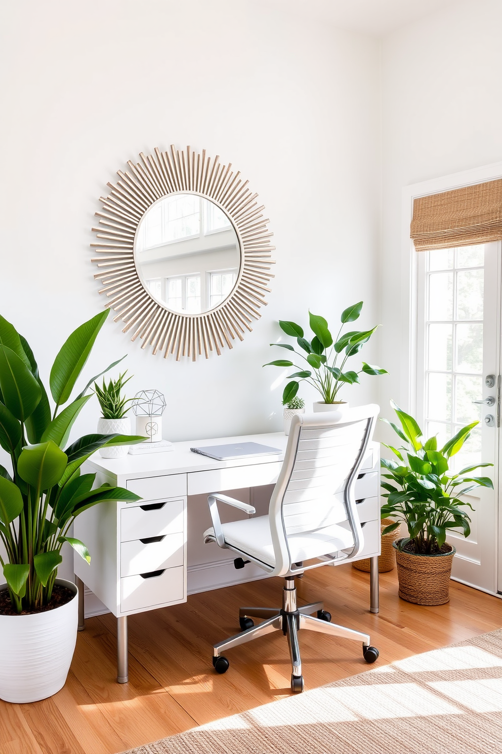 A bright and airy summer home office features a large sunburst mirror mounted on the wall, reflecting natural light throughout the space. The desk is a sleek white design paired with a comfortable ergonomic chair, surrounded by lush green plants that bring a touch of nature indoors.