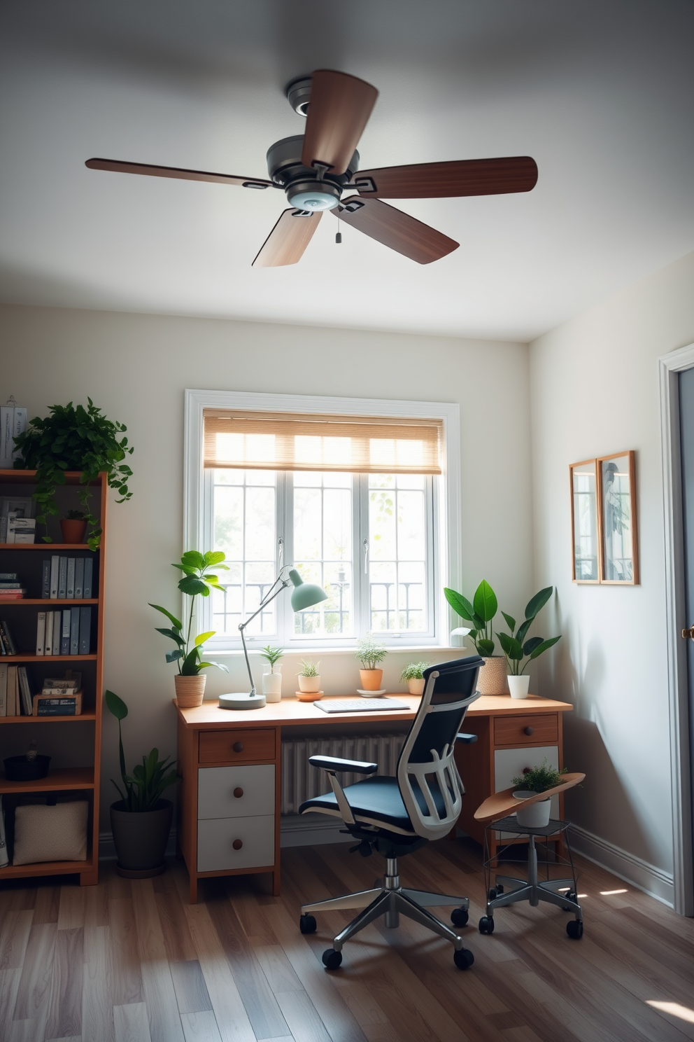 A bright summer home office filled with natural light. The space features a stylish ceiling fan with wooden blades, providing comfort during warm days. A sleek wooden desk is positioned near a large window, adorned with a modern lamp and a few potted plants. Soft pastel colors on the walls create a calming atmosphere, complemented by a comfortable ergonomic chair.