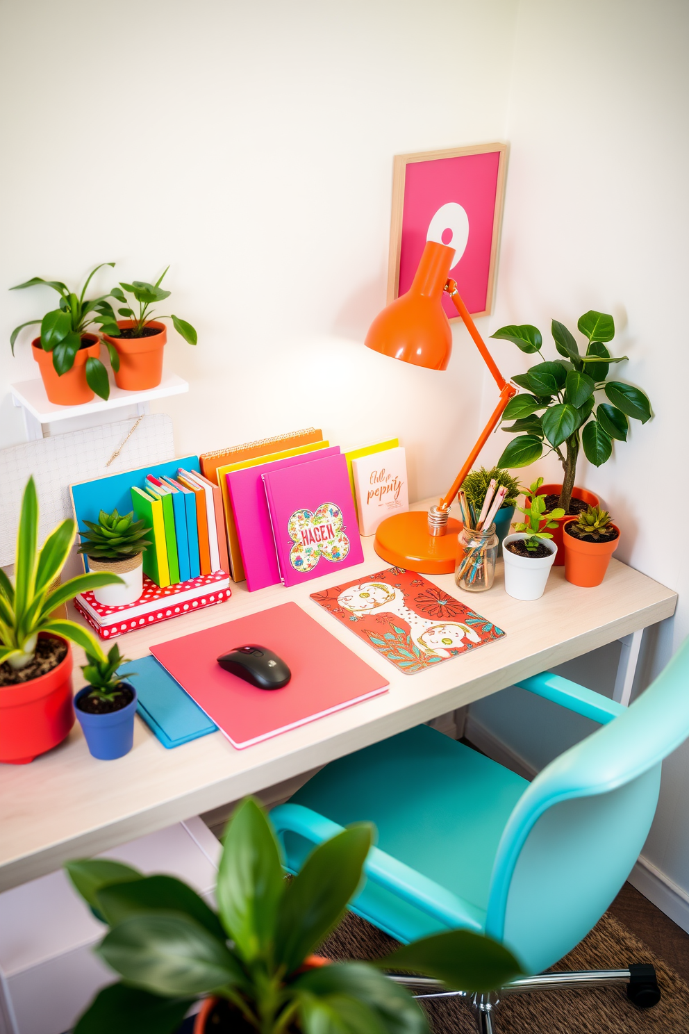 A vibrant home office filled with colorful desk accessories that inspire creativity. The desk is adorned with a mix of bright notebooks, a playful mouse pad, and a cheerful desk lamp in a bold hue. Surrounding the workspace are potted plants in various sizes, adding a touch of greenery. The walls are painted in a light pastel shade, contrasting beautifully with the vivid accessories and creating an uplifting atmosphere.