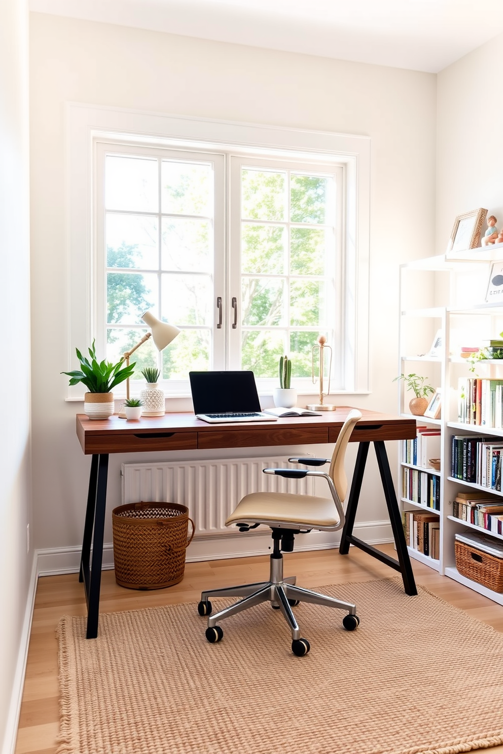 A bright and airy summer home office features a large window that invites natural light to flood the space. The walls are painted in a soft pastel hue, and a sleek wooden desk sits in front of the window, complemented by a comfortable ergonomic chair. On the desk, a stylish laptop is paired with a decorative desk lamp and a few potted plants that add a touch of greenery. The floor is adorned with a light woven rug, and shelves lined with books and personal mementos create an inviting and organized atmosphere.